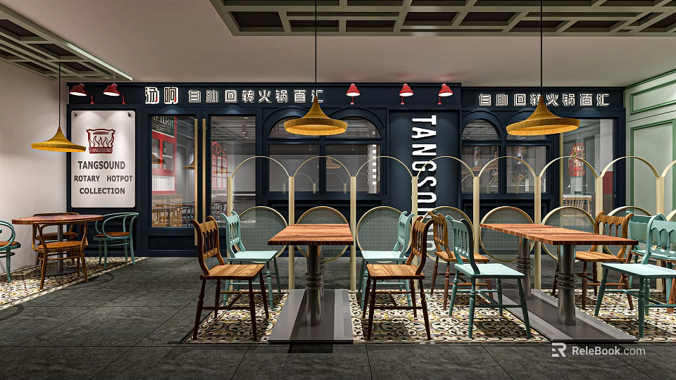 Modern Hotpot Restaurant Interior Design With Wooden Tables Chairs And Pendant Lights 3d model 