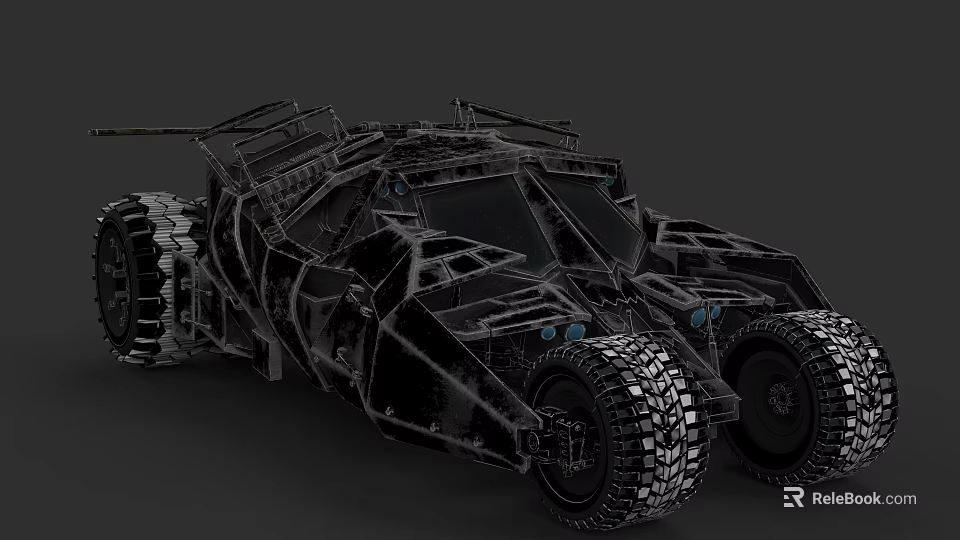 Batmobile Inspired Black Armored Car With Large Off Road Tires And Roof Gear 3d model 