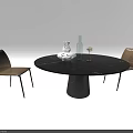 Modern Black Marble Round Dining Table Set With Beige Chairs And Decorative Vases 3d model