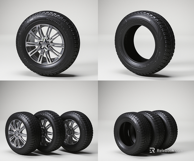 Car Tires With Silver Wheel Rims And Stacked Black Tires On White Background 3d model 