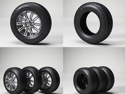 Car Tires With Silver Wheel Rims And Stacked Black Tires On White Background 3d model