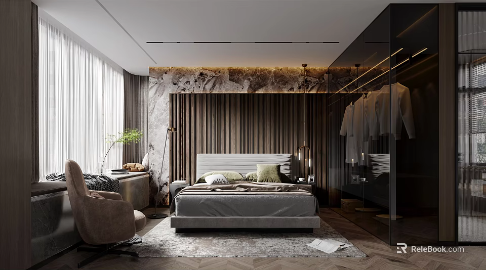 Elegant Modern Bedroom Interior Design With Comfortable Bed And Glass Wardrobe 3d model 