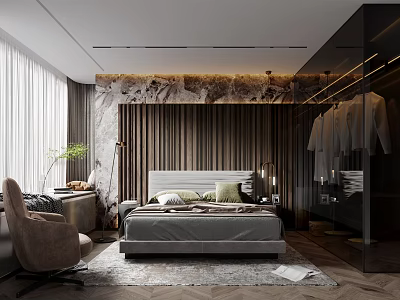 Elegant Modern Bedroom Interior Design With Comfortable Bed And Glass Wardrobe 3d model