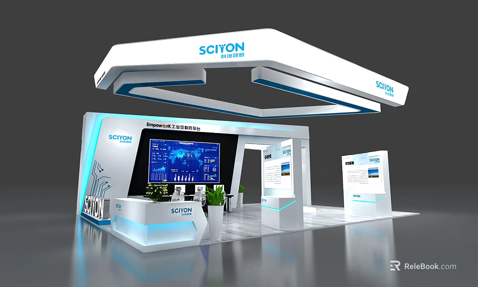 Modern SCITON Exhibition Booth with Large Screen Reception Desk and Display Boards 3d model 
