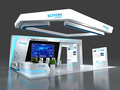 Modern SCITON Exhibition Booth with Large Screen Reception Desk and Display Boards 3d model