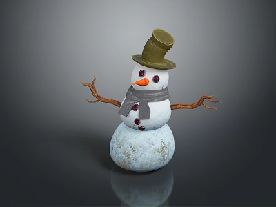 Cute Snowman Character With Green Hat Gray Scarf Branch Arms And Snow Body 3d model