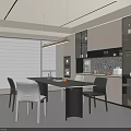 Modern Restaurant Interior With Dining Table Chairs Kitchen Cabinets And Large Window Blinds 3d model