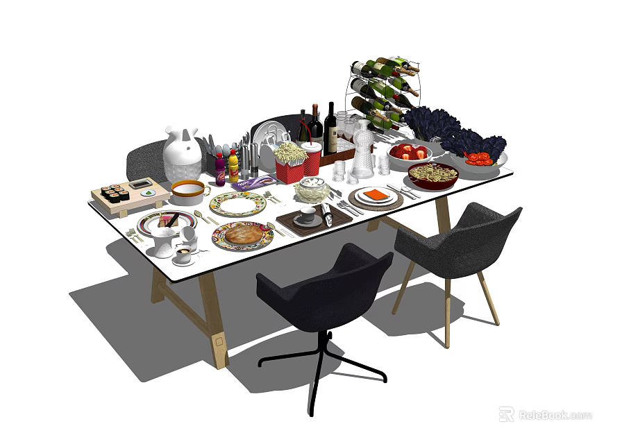 Stylish Dining Table Set With Plates Glasses Fruits And Black Chairs 3d model 