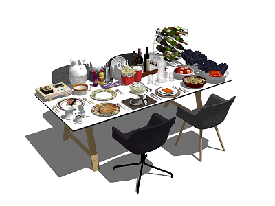 Stylish Dining Table Set With Plates Glasses Fruits And Black Chairs 3d model