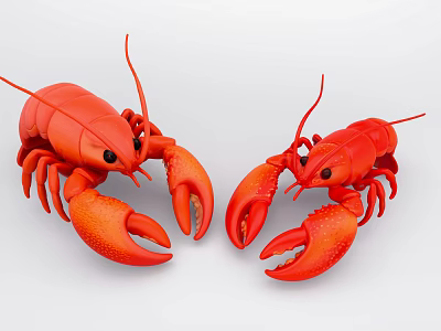 Two Red Aquatic Lobsters Facing Each Other With Open Claws On White Background 3d model