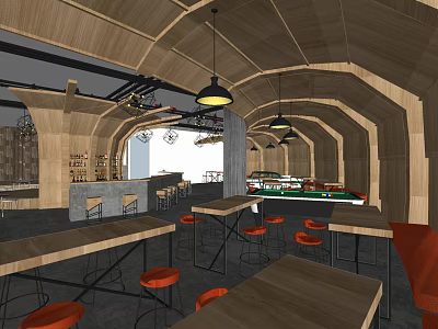 Modern Bar Interior With Wooden Arched Ceiling Pendant Lights And Orange Chairs 3d model