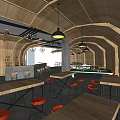 Modern Bar Interior With Wooden Arched Ceiling Pendant Lights And Orange Chairs