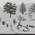 Snow Covered Trees in Winter Park Scene With Snowman Wooden Bench And Green Trash Can