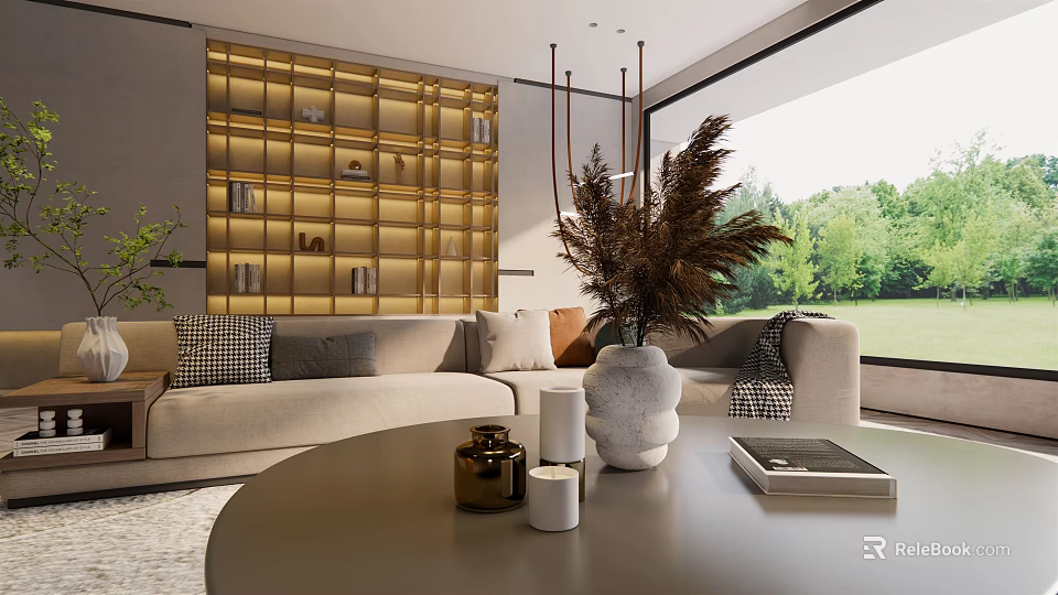 Modern Living Room With Beige Sofa Yellow Accent Wall Shelving Unit And Outdoor Greenery 3d model 