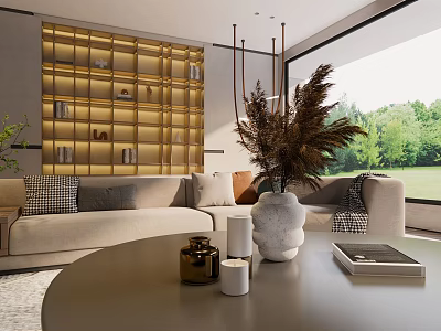 Modern Living Room With Beige Sofa Yellow Accent Wall Shelving Unit And Outdoor Greenery 3d model