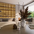 Modern Living Room With Beige Sofa Yellow Accent Wall Shelving Unit And Outdoor Greenery