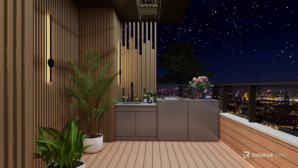 Roof Garden Night Sky With Stars Wooden Deck Interior Green Plants Counter And City View 3d model 
