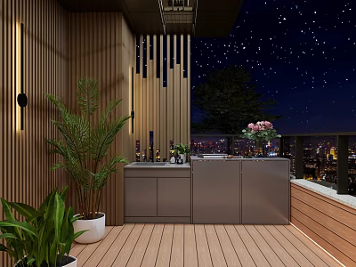 Roof Garden Night Sky With Stars Wooden Deck Interior Green Plants Counter And City View 3d model