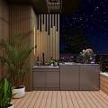 Roof Garden Night Sky With Stars Wooden Deck Interior Green Plants Counter And City View