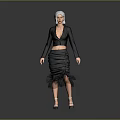 Woman with white hair wearing black deep V top and ruffled skirt in gray background