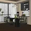 Bright Modern Restaurant Dining Room With Round Table Green Striped Chairs And Large Windows