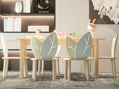Wooden Dining Table With Leaf Shaped Chairs For Kids Room Decor 3d model