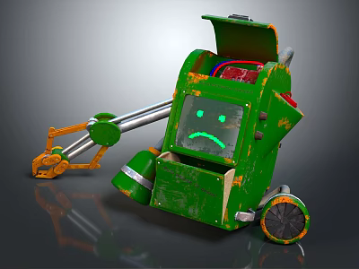 Scratched Green Smart Robot With Orange Mechanical Arm Sad Face Display And Wheels 3d model