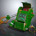 Scratched Green Smart Robot With Orange Mechanical Arm Sad Face Display And Wheels