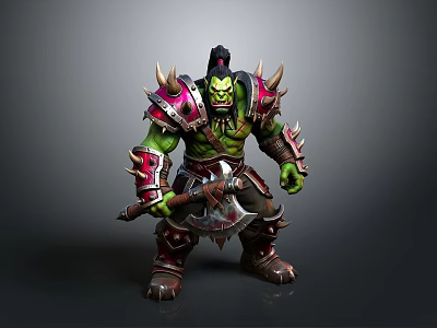Muscular Green Skinned Man Warrior In Spiked Armor Holding Battle Axe 3d model