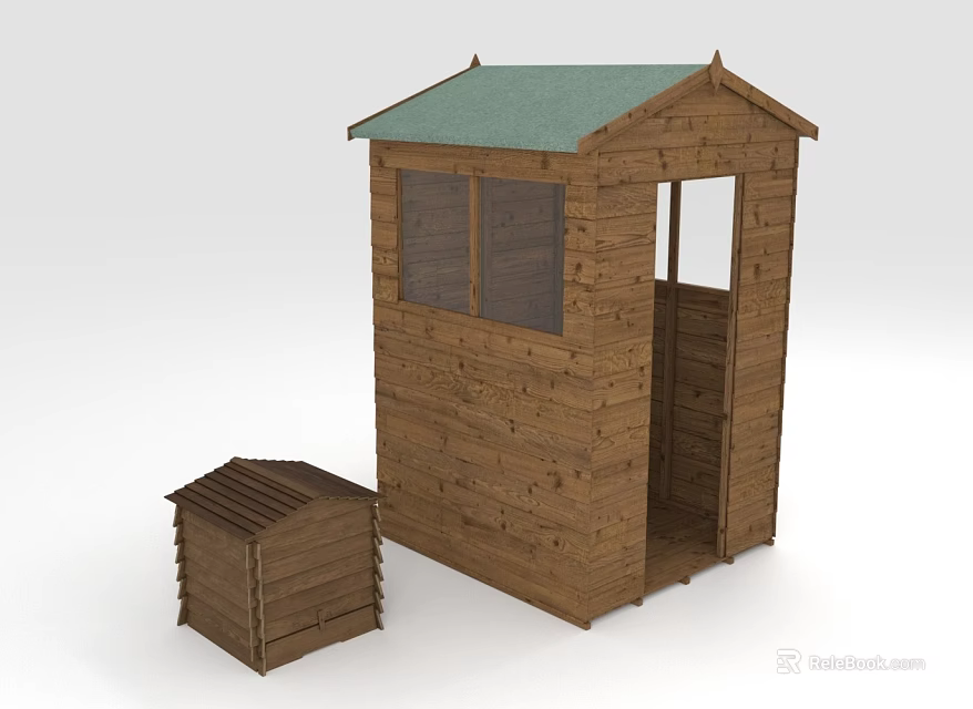 Wooden Cabin With Green Roof And Small Wooden Storage Shed Structure Design 3d model 