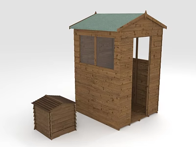 Wooden Cabin With Green Roof And Small Wooden Storage Shed Structure Design 3d model