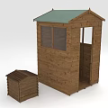 Wooden Cabin With Green Roof And Small Wooden Storage Shed Structure Design
