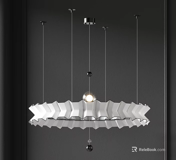 Modern White Chandelier with Wave Design Hanging from Metallic Cables on Dark Wall 3d model 