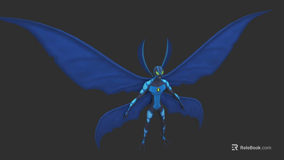 Blue Sci Fi Character Creature With Large Wings And Yellow Eyes 3d model 
