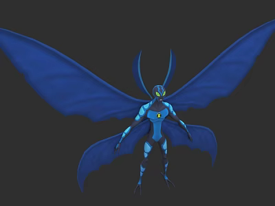 Blue Sci Fi Character Creature With Large Wings And Yellow Eyes 3d model