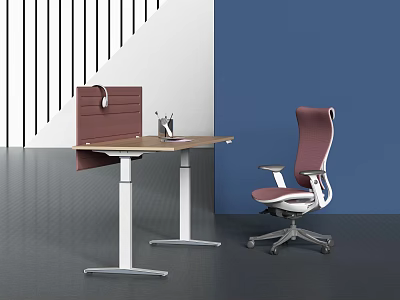 Modern Adjustable Height Office Desk With Brown Privacy Screen Desk Lamp And Red Chair 3d model