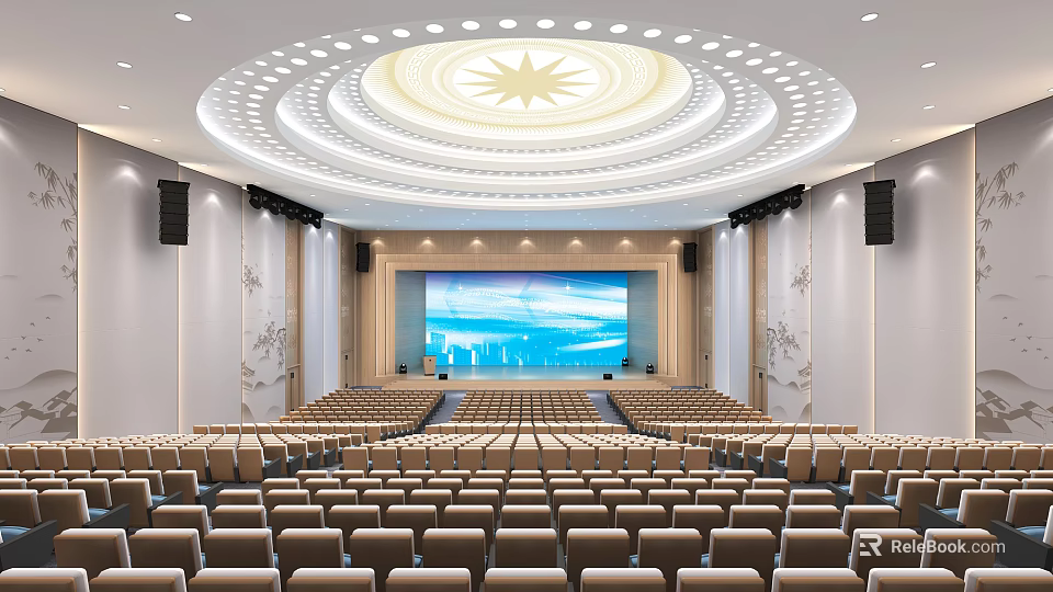Spacious Conference Room Interior With Rows of Seats Large Front Screen and Circular Ceiling Design 3d model 