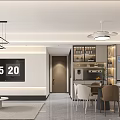Modern Living and Dining Room Interior With Beige Sofa Round Coffee Table Wall Clock And Pendant Lights
