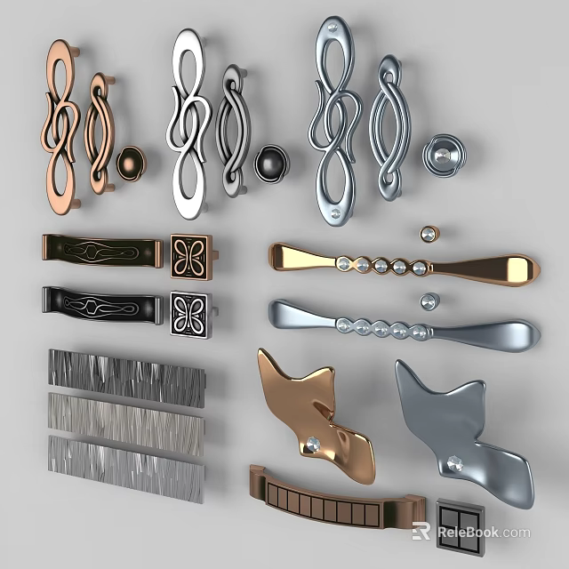 Various Stylish Metal Handles With Gold Silver Black Finishes And Curved Bar Designs 3d model 