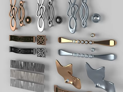 Various Stylish Metal Handles With Gold Silver Black Finishes And Curved Bar Designs 3d model
