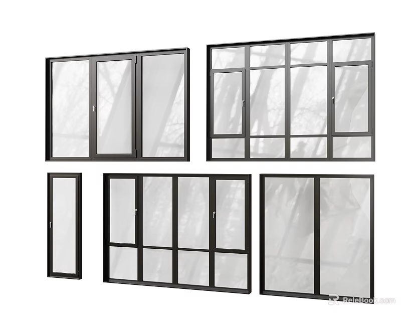 Modern Casement Windows With Various Styles Black Frame And Transparent Glass 3d model 