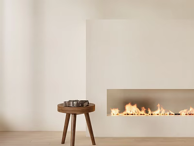 Wooden Side Table in Minimalist Living Room by Fireplace with Flames 3d model
