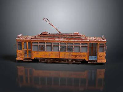 Rusty Vintage Tram Model With Yellow Exterior Windows And Roof Antenna On Dark Background 3d model