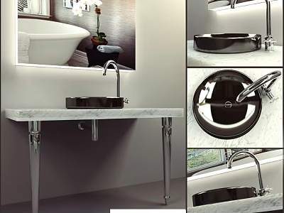 Modern Bathroom Vanity With Black Basin Marble Countertop And Silver Faucet 3d model