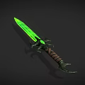 Fantasy Glowing Sword With Green Blade Black Ornate Hilt And Brown Leather Handle
