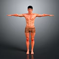 Shirtless Man Standing With Arms Outstretched In Brown Shorts On Grey Background