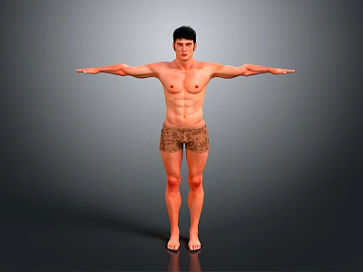 Shirtless Man Standing With Arms Outstretched In Brown Shorts On Grey Background 3d model