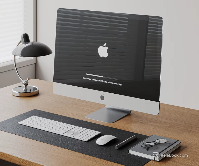 iMac Desktop Computer on Wooden Desk with Keyboard Mouse Desk Lamp Notebook and Eyeglasses 3d model 