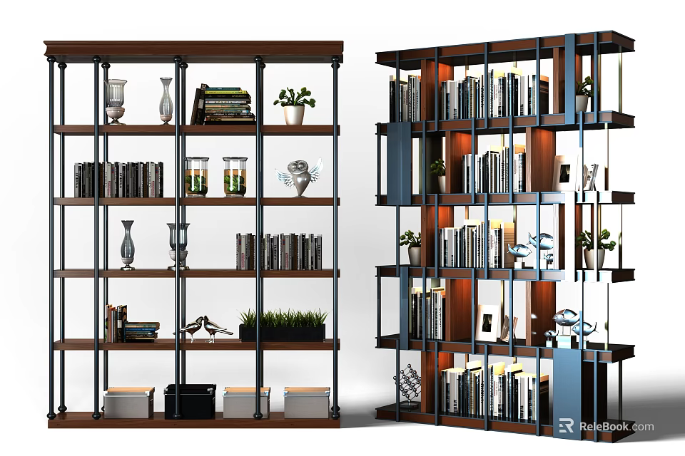 Modern Bookcase with Multiple Shelves Holding Books Decorations Plants and Vases 3d model 