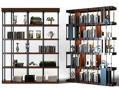 Modern Bookcase with Multiple Shelves Holding Books Decorations Plants and Vases 3d model